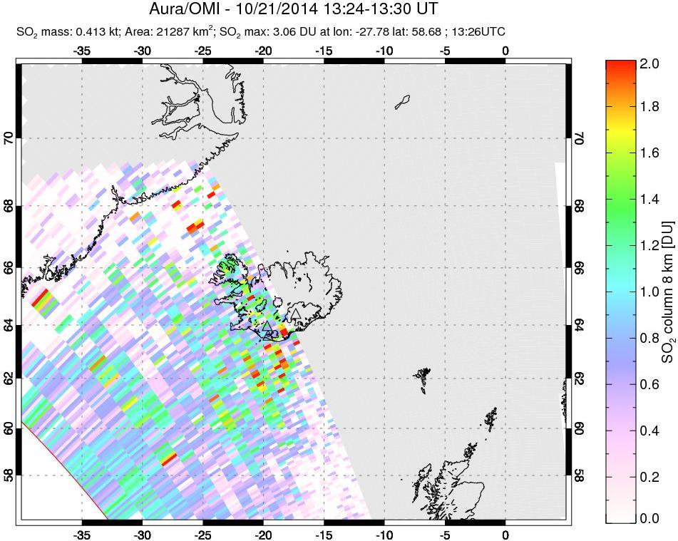 A sulfur dioxide image over Iceland on Oct 21, 2014.