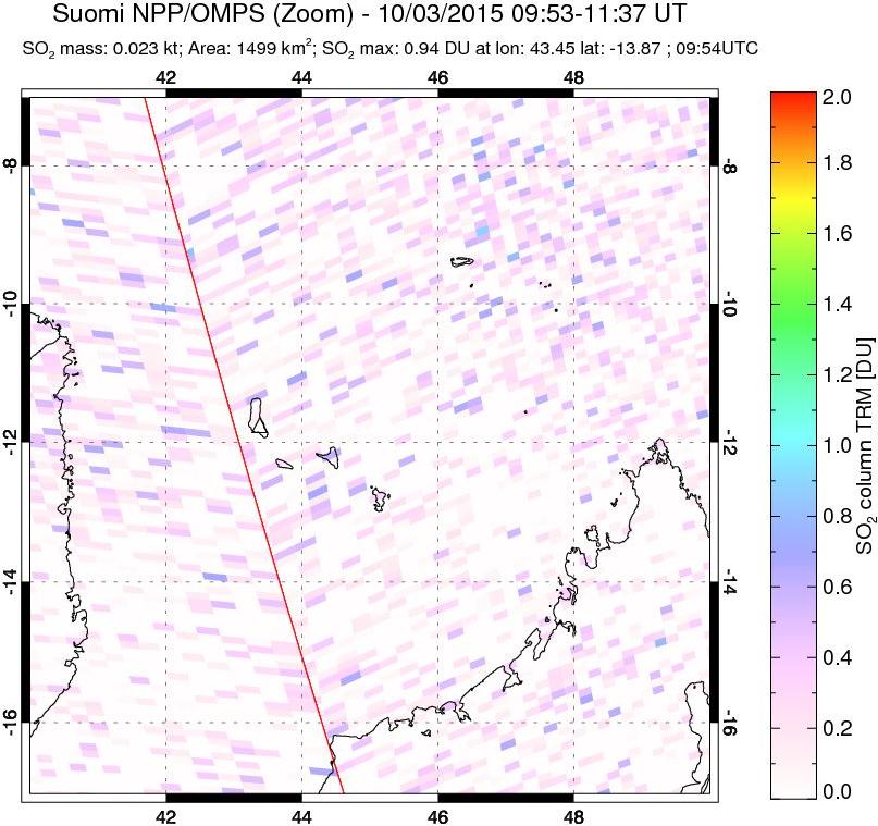 A sulfur dioxide image over Comoro Islands on Oct 03, 2015.