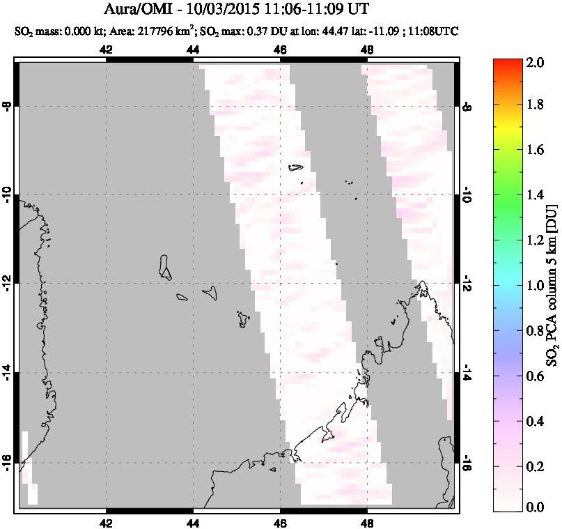 A sulfur dioxide image over Comoro Islands on Oct 03, 2015.