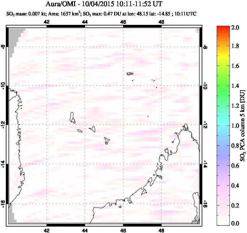 A sulfur dioxide image over Comoro Islands on Oct 04, 2015.