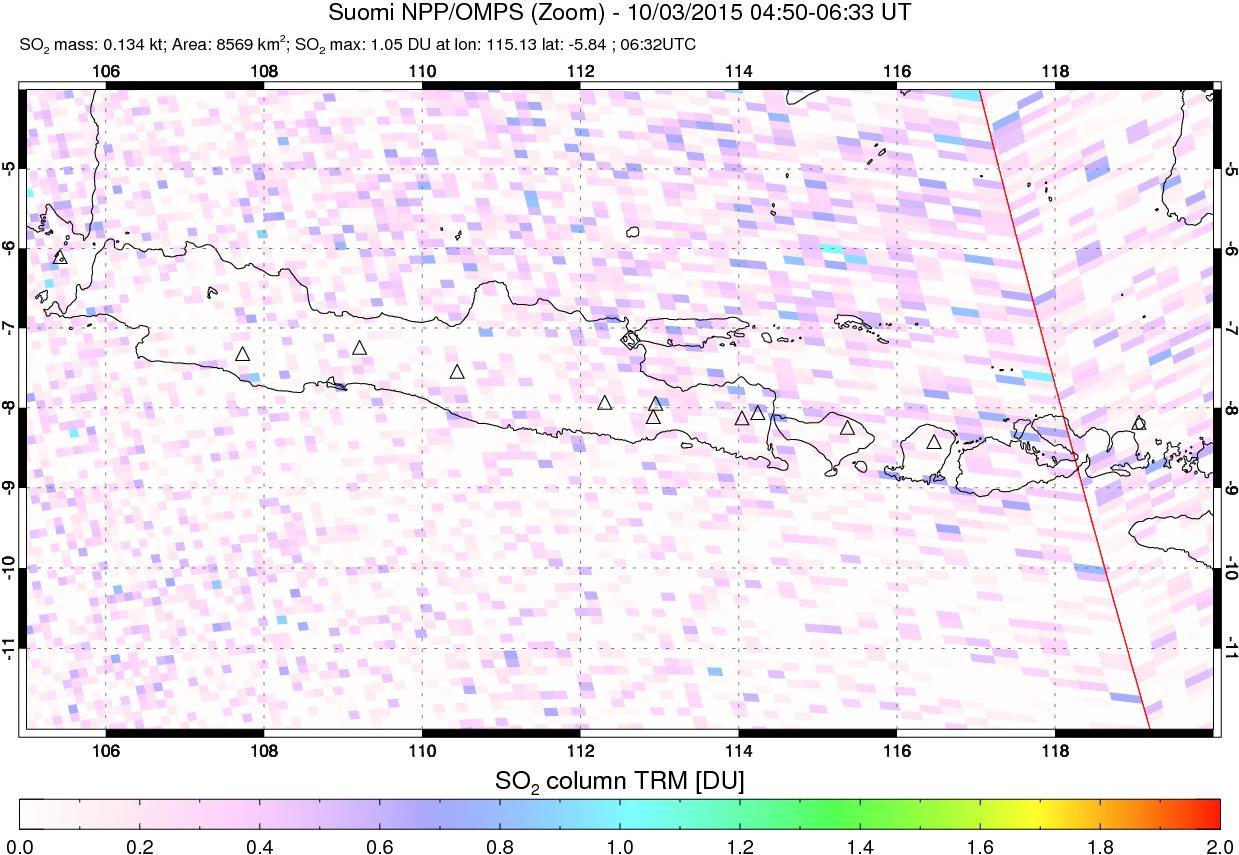 A sulfur dioxide image over Java, Indonesia on Oct 03, 2015.