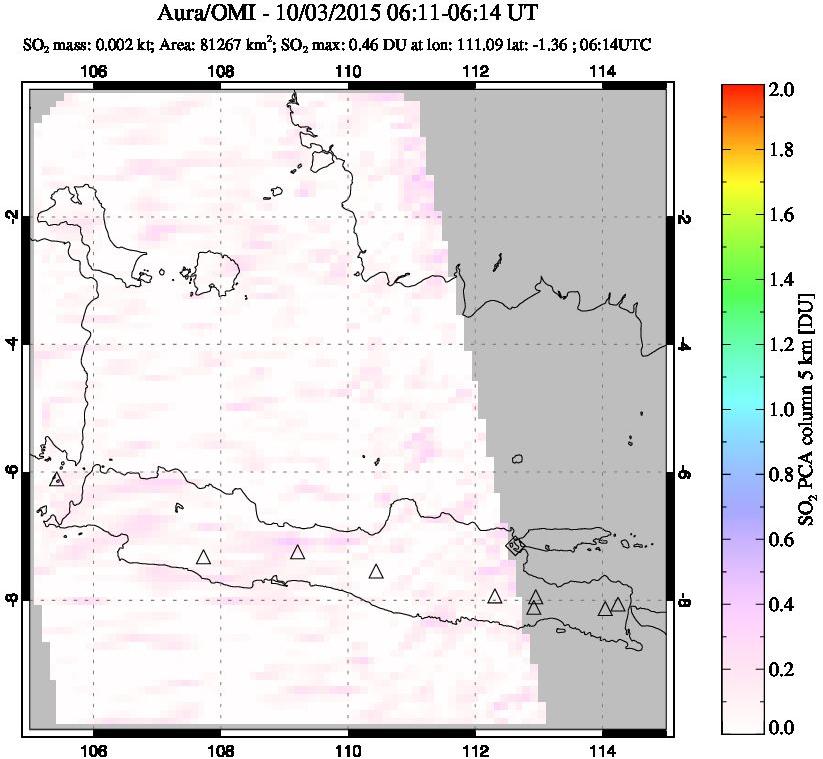 A sulfur dioxide image over Java, Indonesia on Oct 03, 2015.