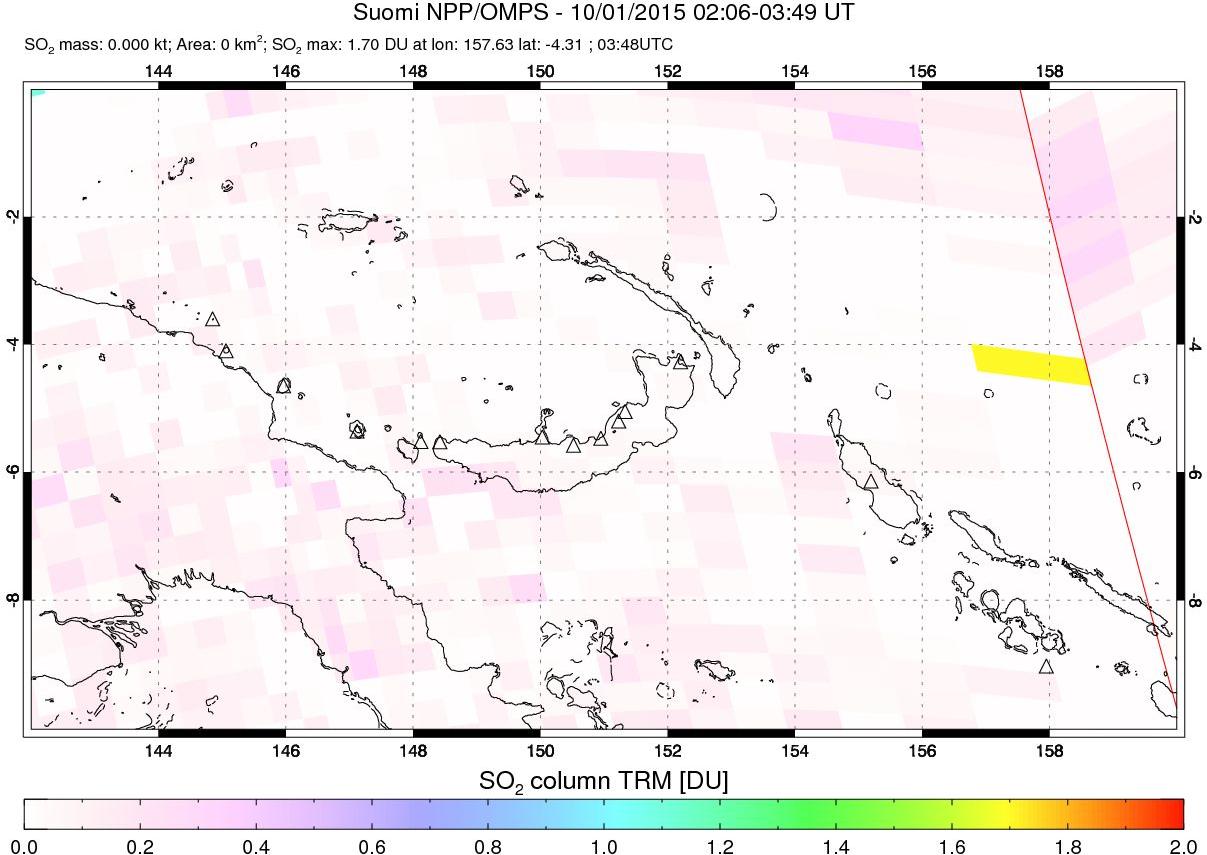 A sulfur dioxide image over Papua, New Guinea on Oct 01, 2015.