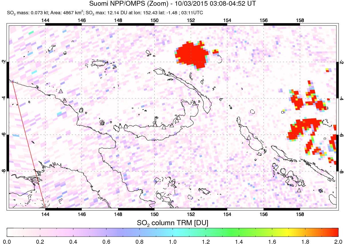 A sulfur dioxide image over Papua, New Guinea on Oct 03, 2015.