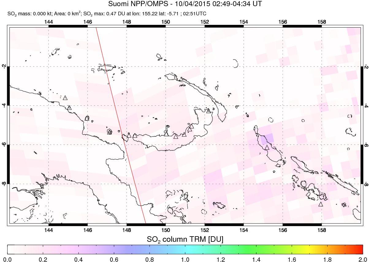 A sulfur dioxide image over Papua, New Guinea on Oct 04, 2015.