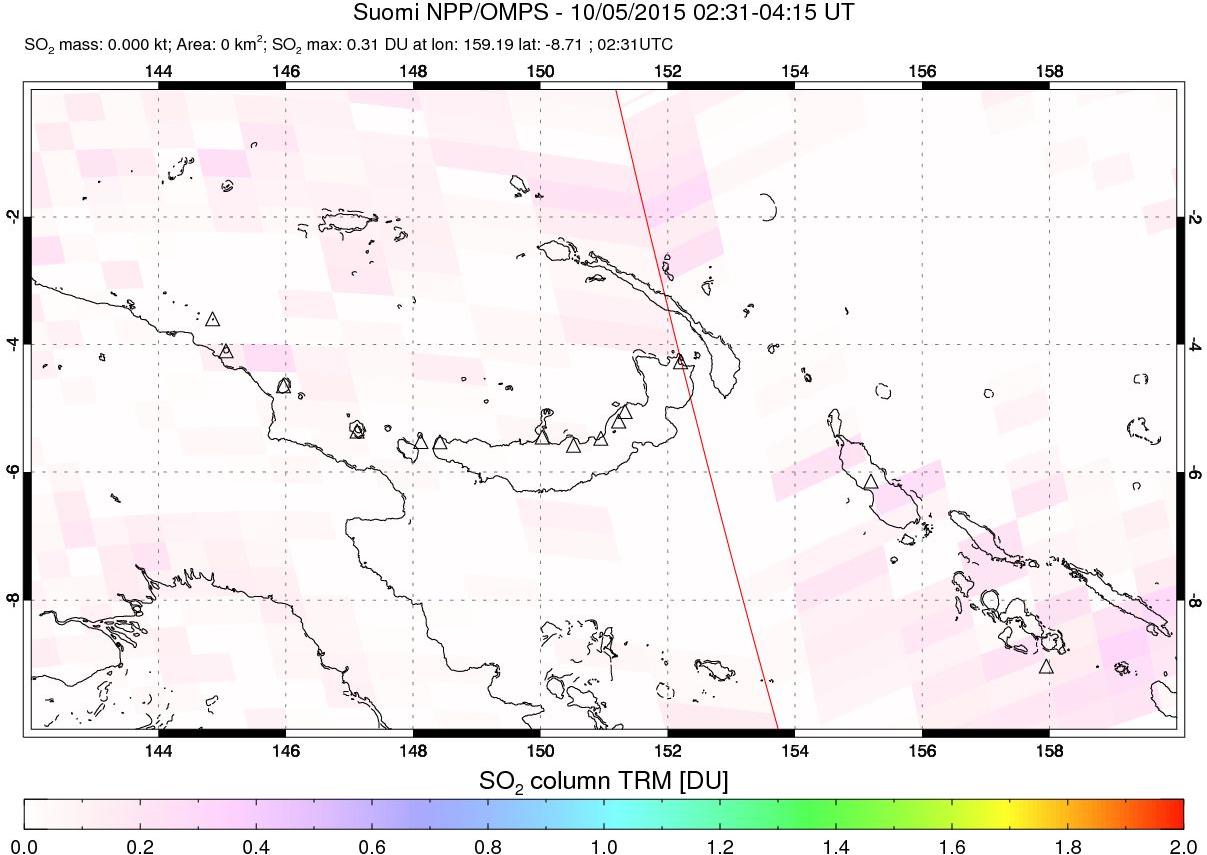 A sulfur dioxide image over Papua, New Guinea on Oct 05, 2015.