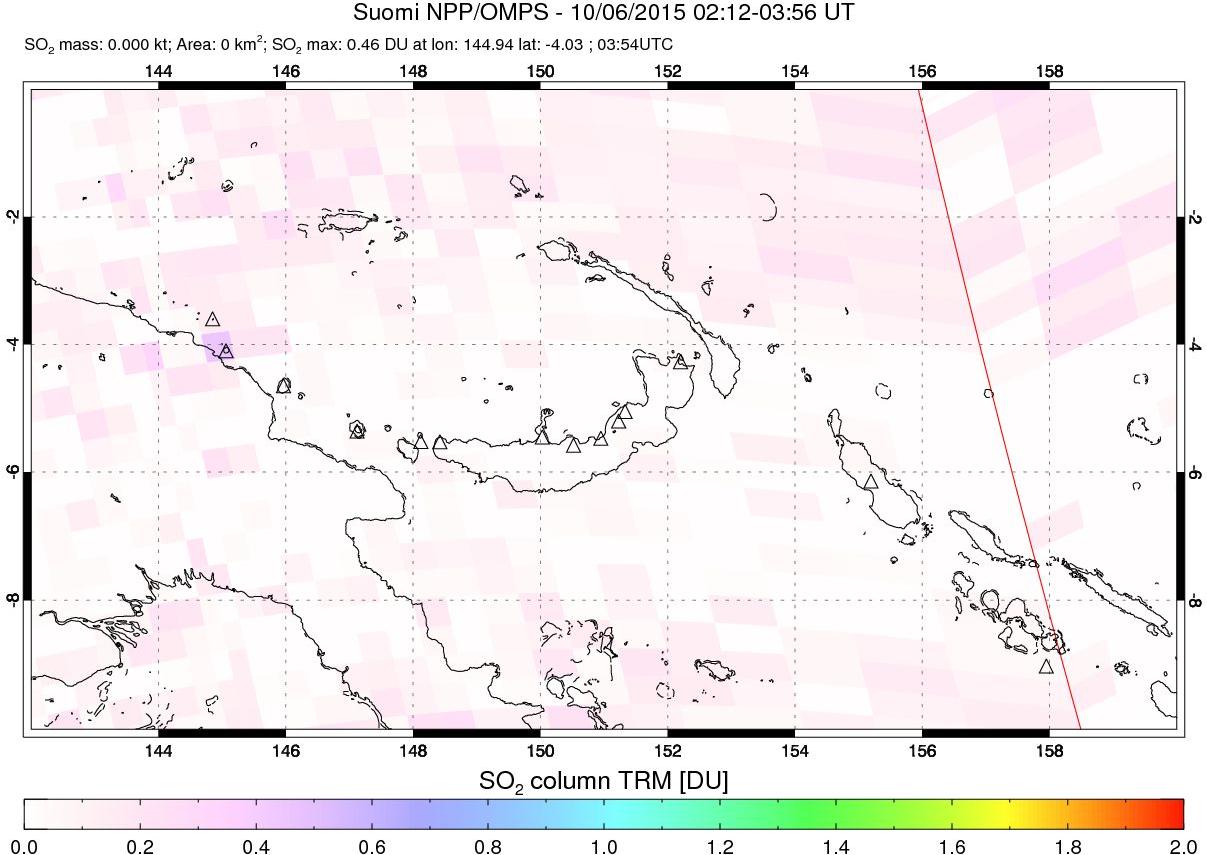 A sulfur dioxide image over Papua, New Guinea on Oct 06, 2015.