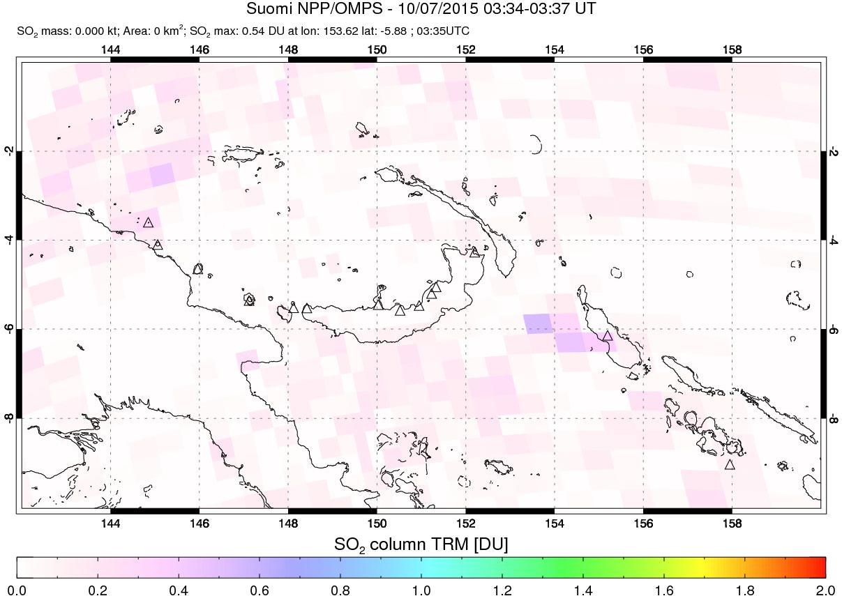 A sulfur dioxide image over Papua, New Guinea on Oct 07, 2015.