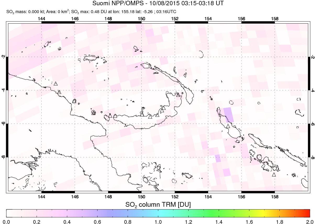 A sulfur dioxide image over Papua, New Guinea on Oct 08, 2015.