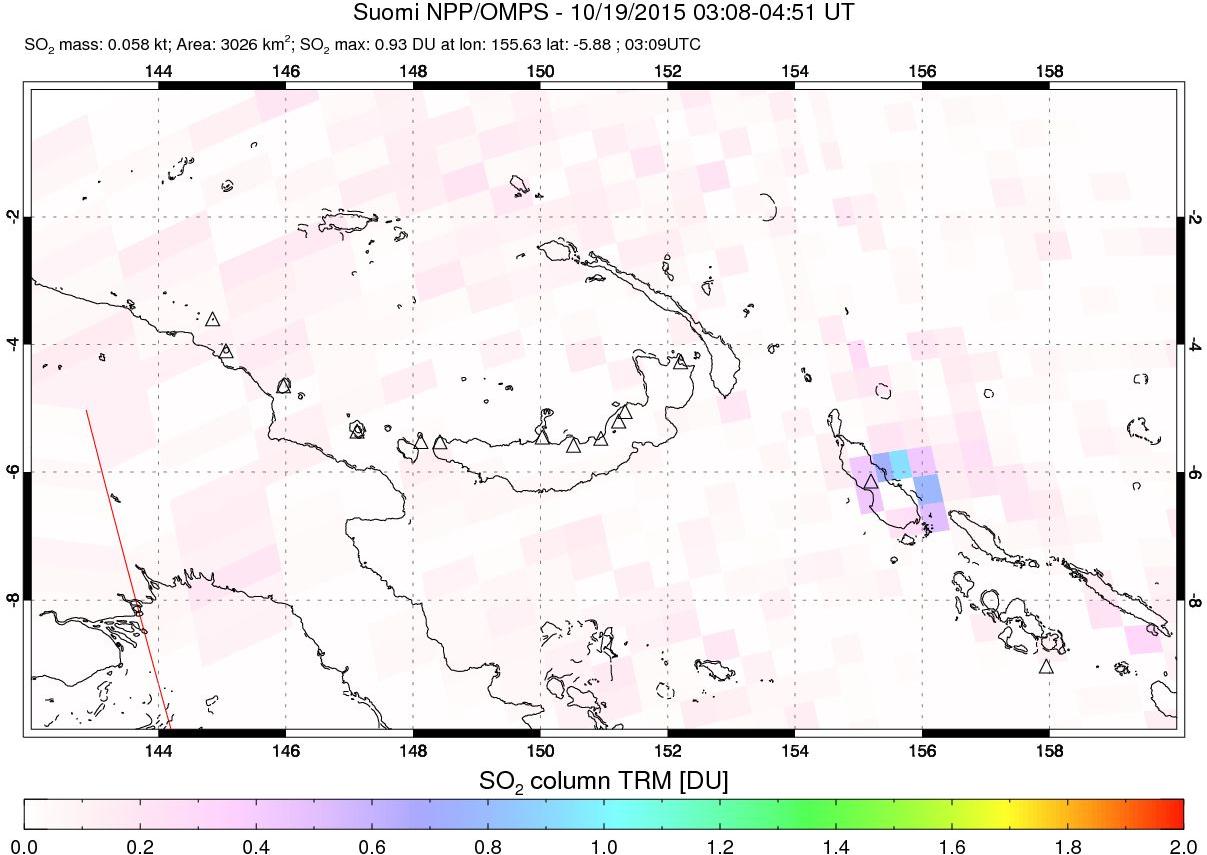 A sulfur dioxide image over Papua, New Guinea on Oct 19, 2015.