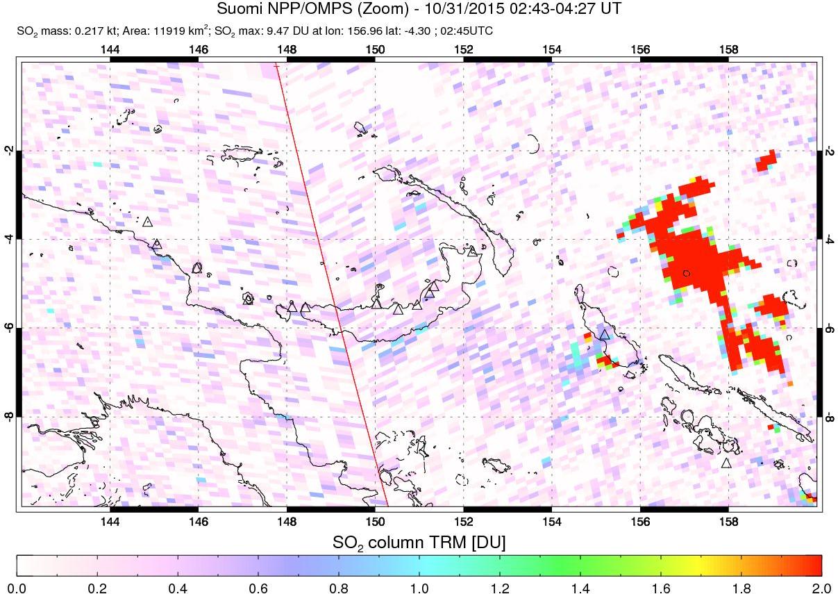 A sulfur dioxide image over Papua, New Guinea on Oct 31, 2015.