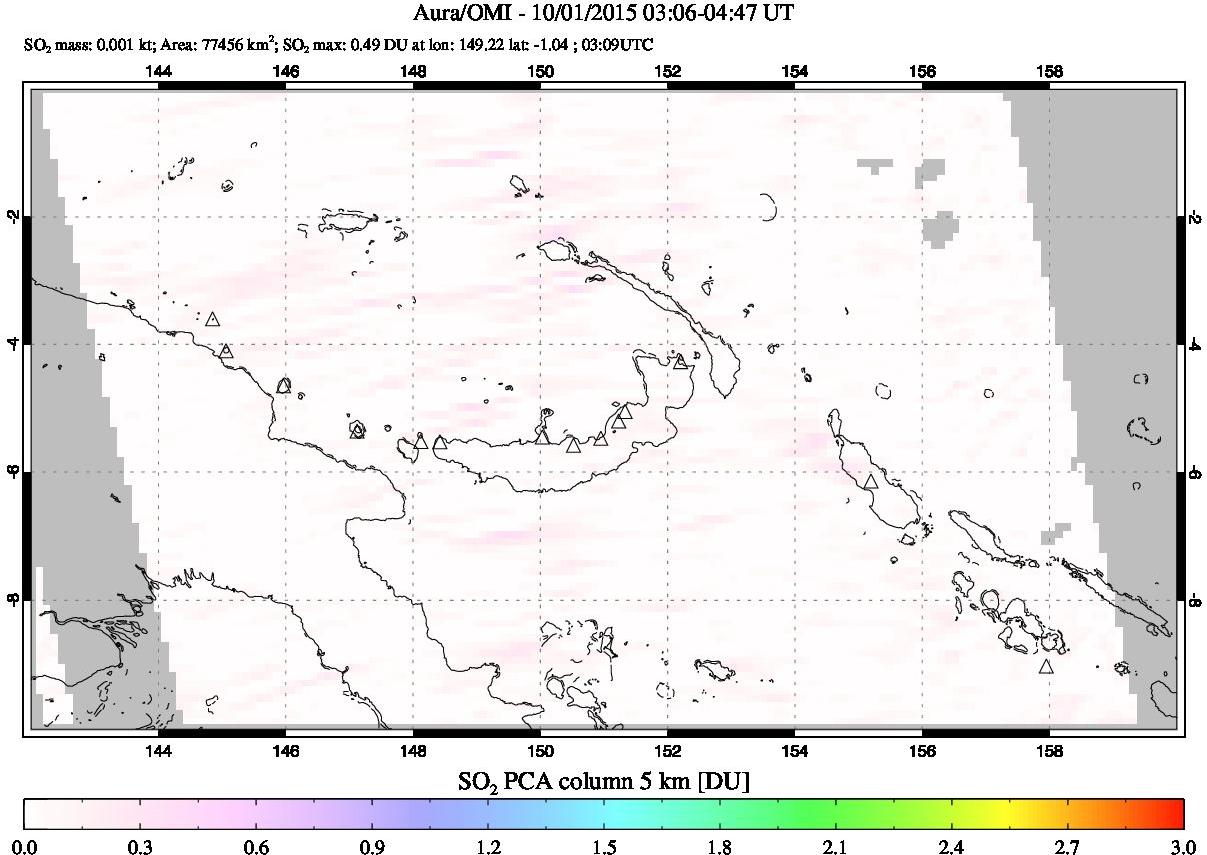 A sulfur dioxide image over Papua, New Guinea on Oct 01, 2015.