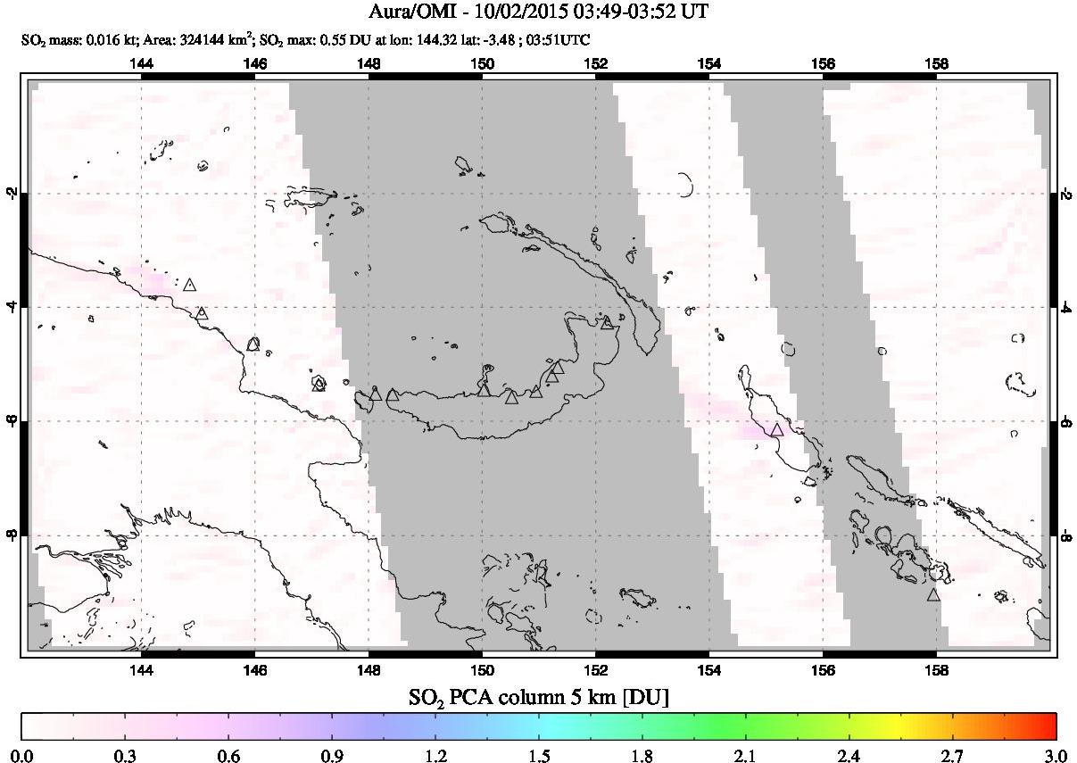 A sulfur dioxide image over Papua, New Guinea on Oct 02, 2015.