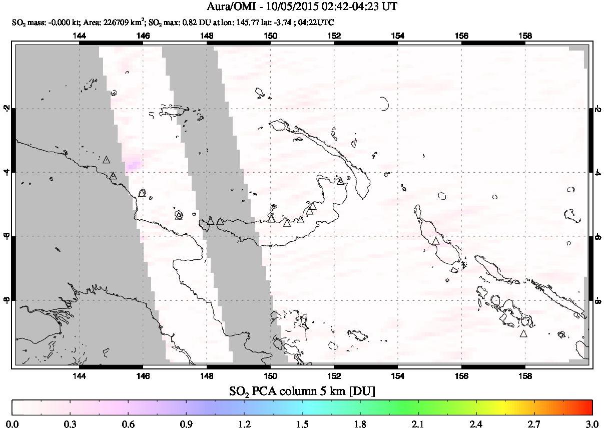 A sulfur dioxide image over Papua, New Guinea on Oct 05, 2015.