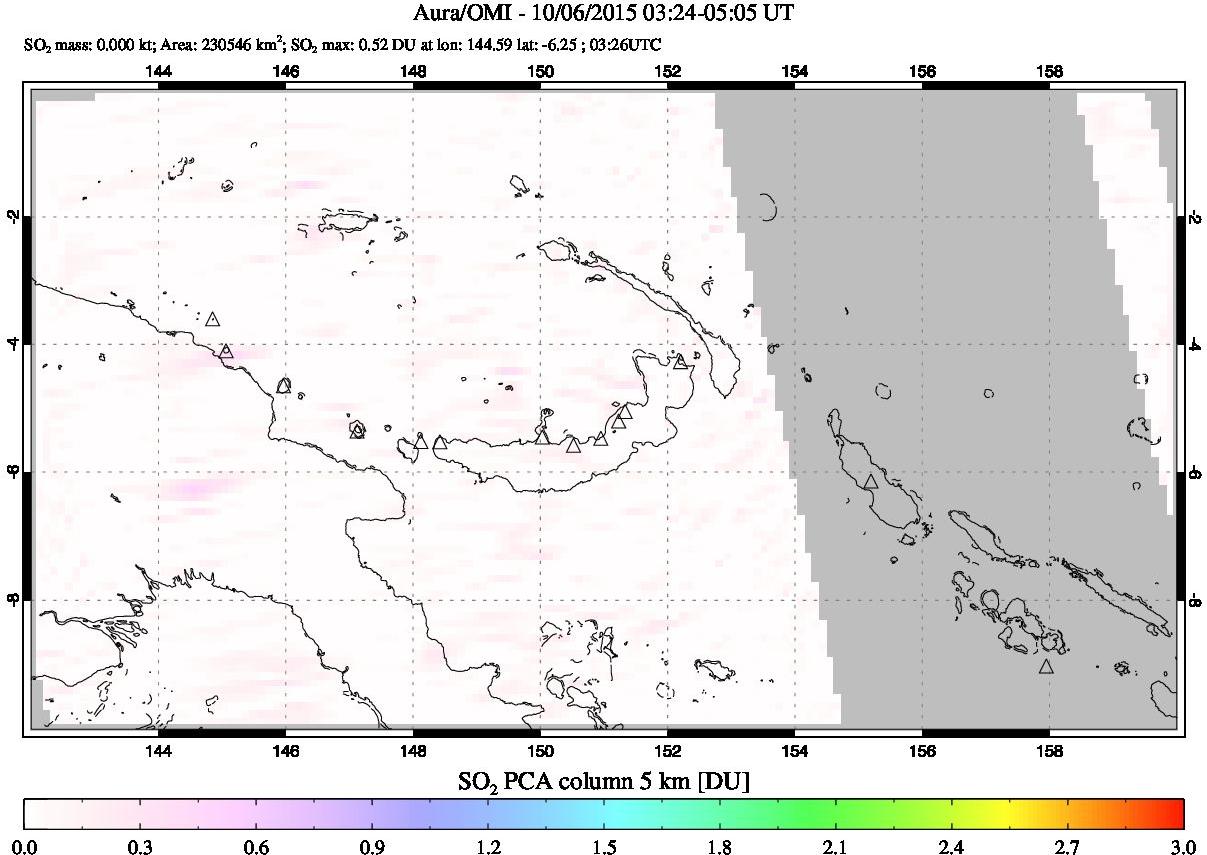 A sulfur dioxide image over Papua, New Guinea on Oct 06, 2015.