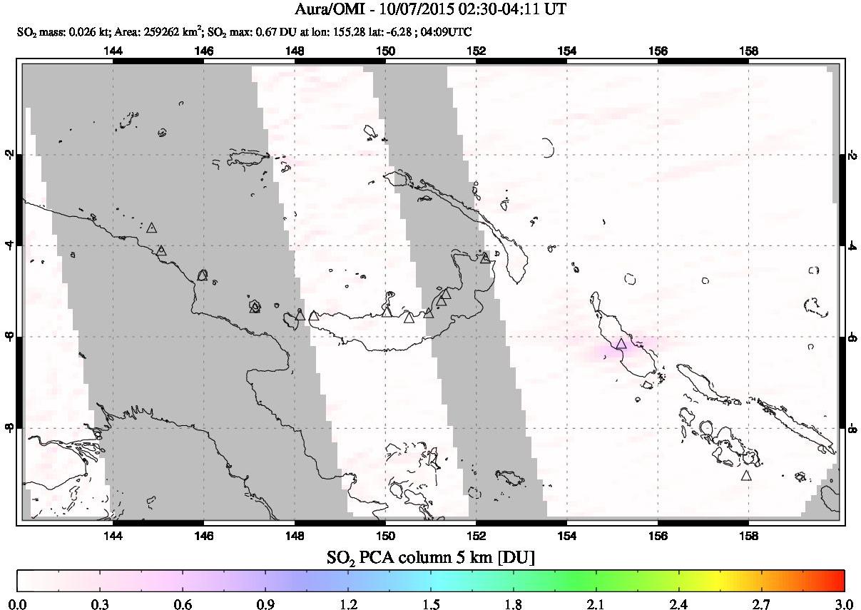 A sulfur dioxide image over Papua, New Guinea on Oct 07, 2015.