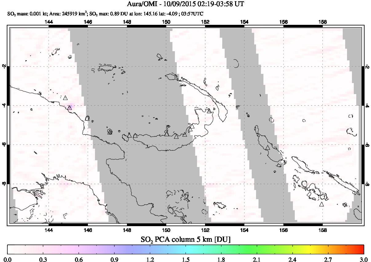 A sulfur dioxide image over Papua, New Guinea on Oct 09, 2015.