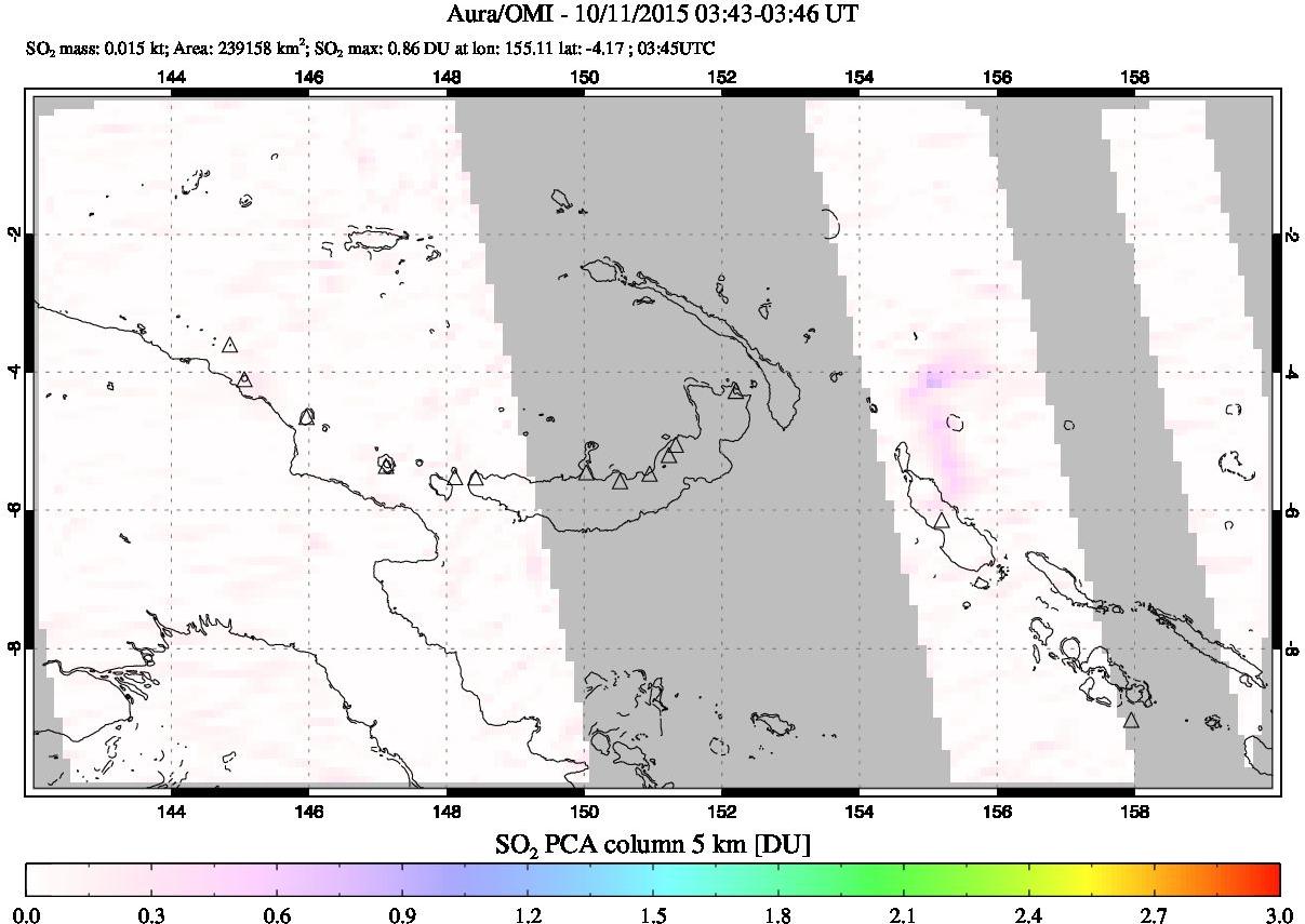 A sulfur dioxide image over Papua, New Guinea on Oct 11, 2015.