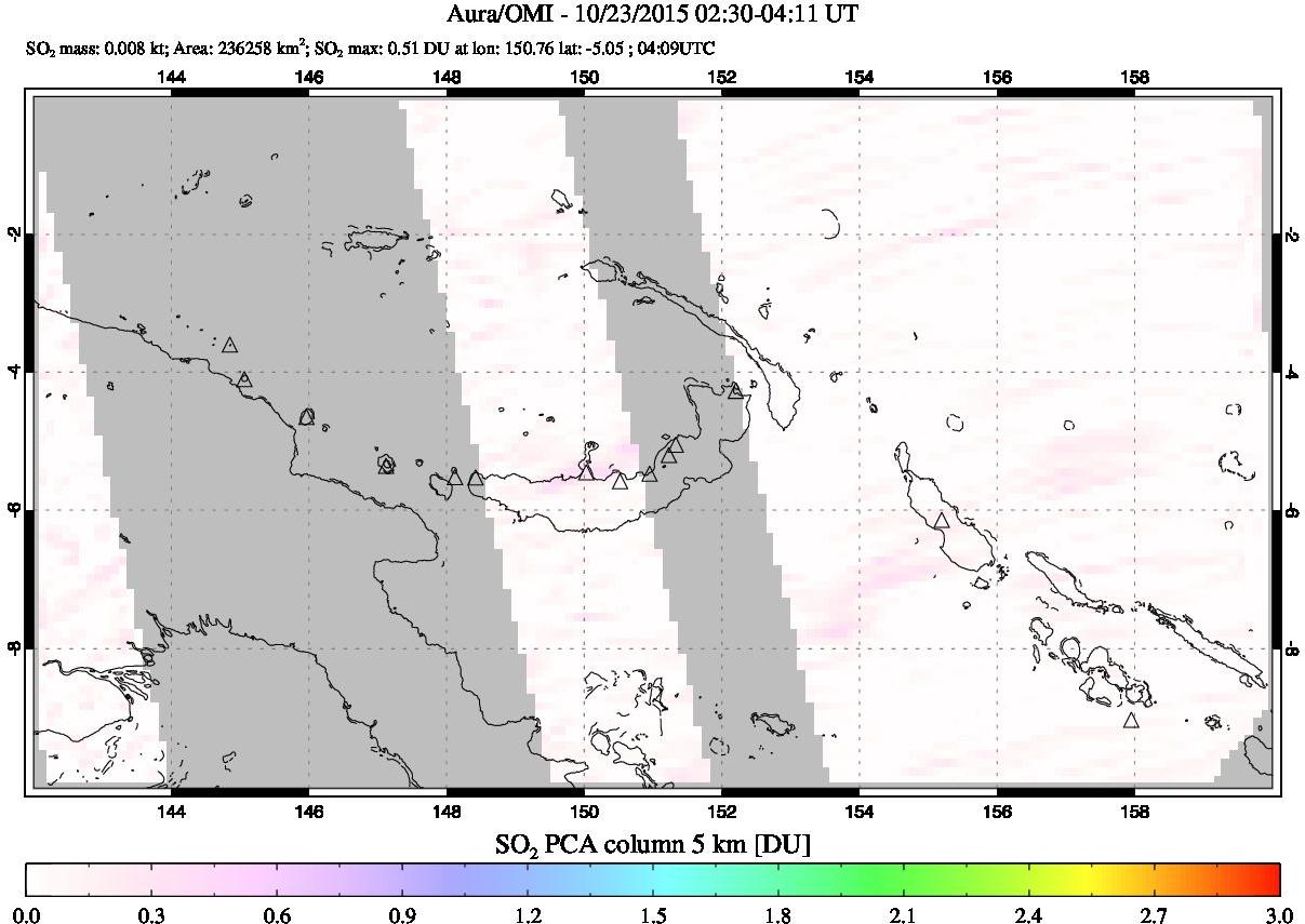 A sulfur dioxide image over Papua, New Guinea on Oct 23, 2015.