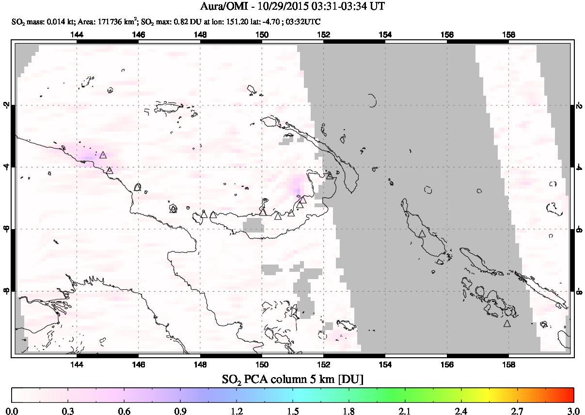 A sulfur dioxide image over Papua, New Guinea on Oct 29, 2015.