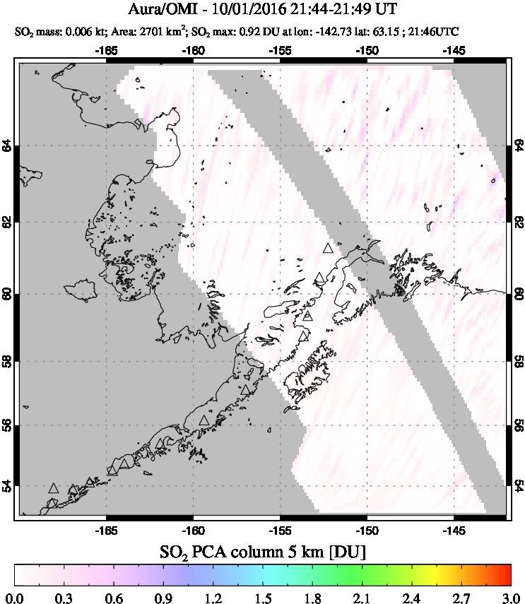 A sulfur dioxide image over Alaska, USA on Oct 01, 2016.