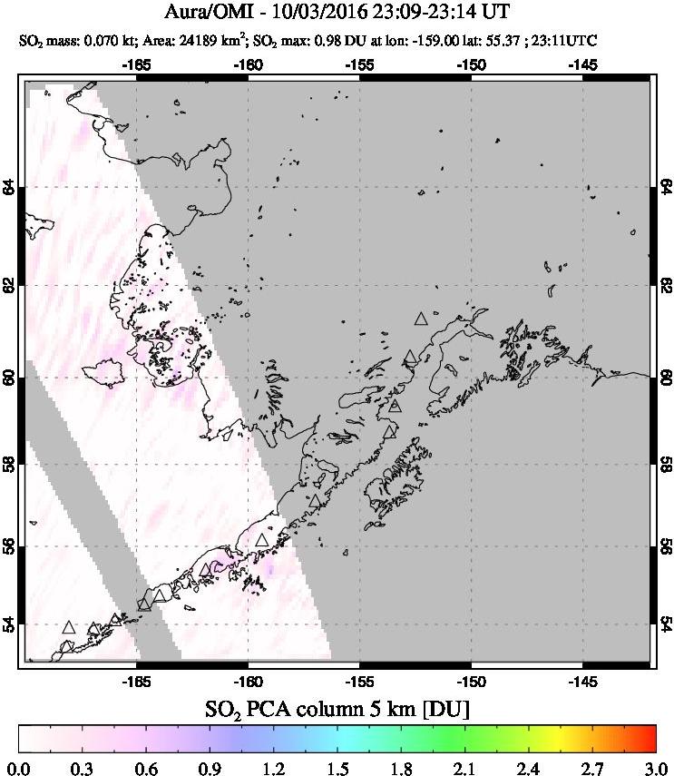 A sulfur dioxide image over Alaska, USA on Oct 03, 2016.
