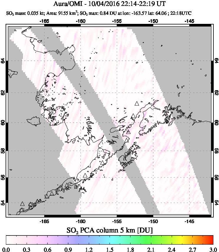 A sulfur dioxide image over Alaska, USA on Oct 04, 2016.