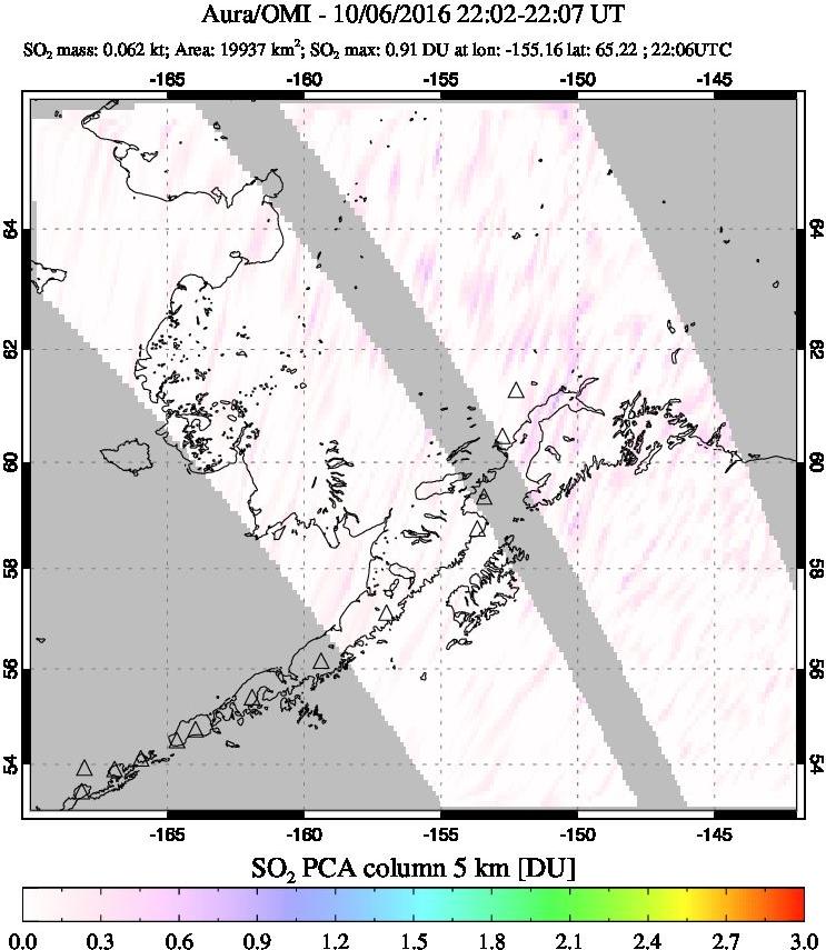A sulfur dioxide image over Alaska, USA on Oct 06, 2016.