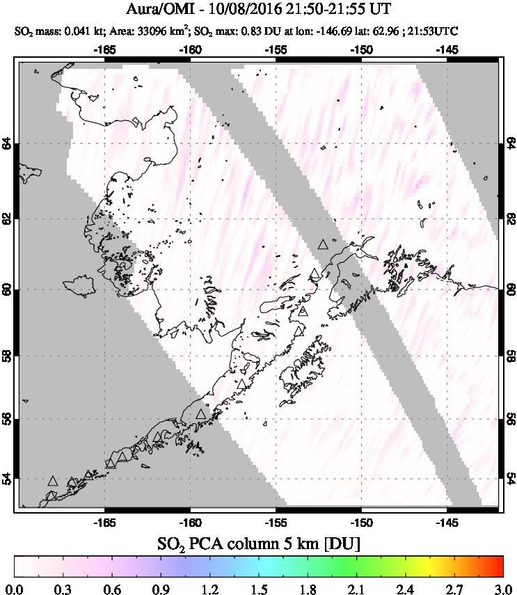 A sulfur dioxide image over Alaska, USA on Oct 08, 2016.