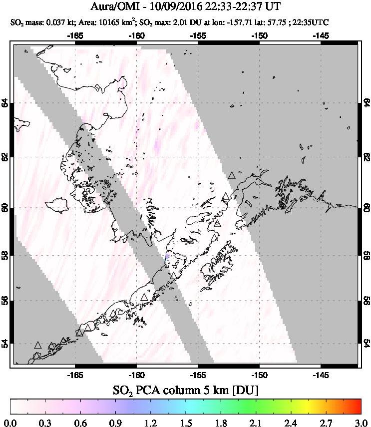 A sulfur dioxide image over Alaska, USA on Oct 09, 2016.