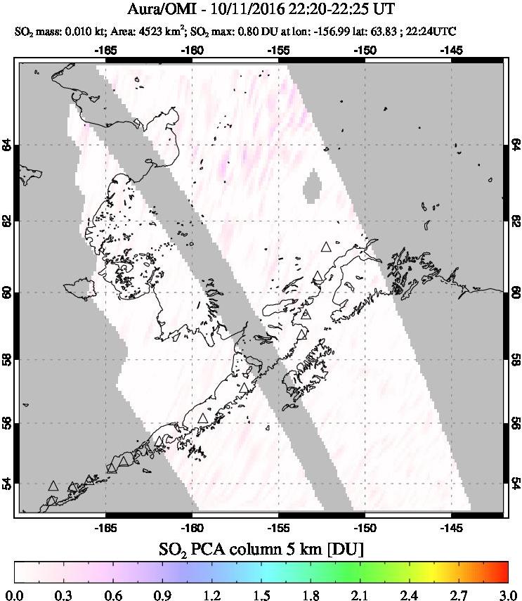 A sulfur dioxide image over Alaska, USA on Oct 11, 2016.