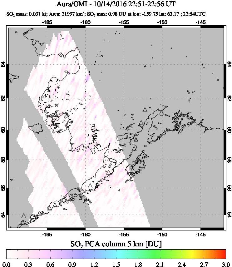 A sulfur dioxide image over Alaska, USA on Oct 14, 2016.
