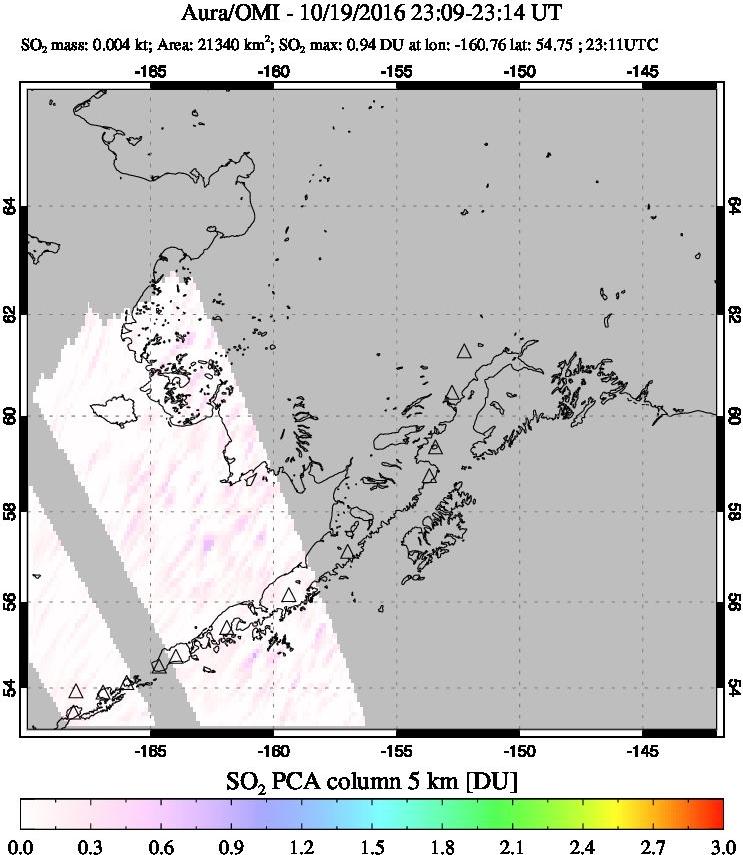 A sulfur dioxide image over Alaska, USA on Oct 19, 2016.