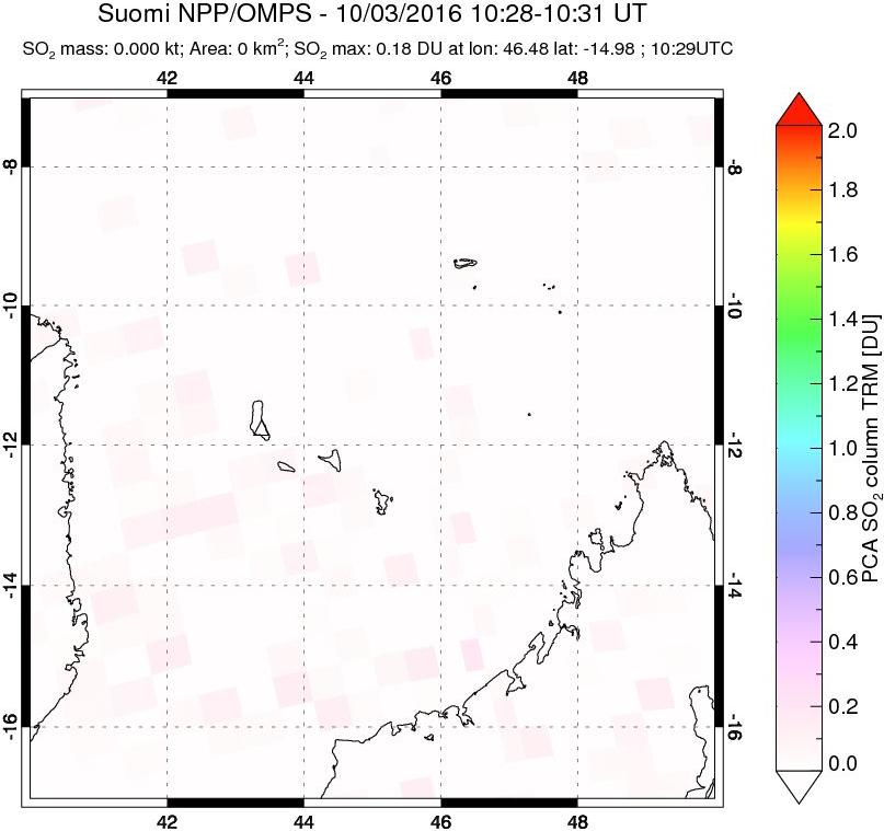 A sulfur dioxide image over Comoro Islands on Oct 03, 2016.
