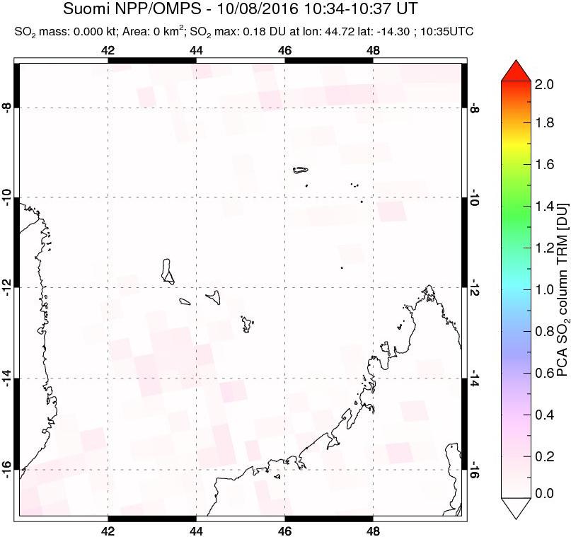 A sulfur dioxide image over Comoro Islands on Oct 08, 2016.