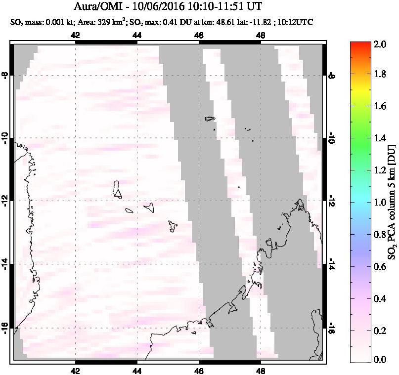 A sulfur dioxide image over Comoro Islands on Oct 06, 2016.