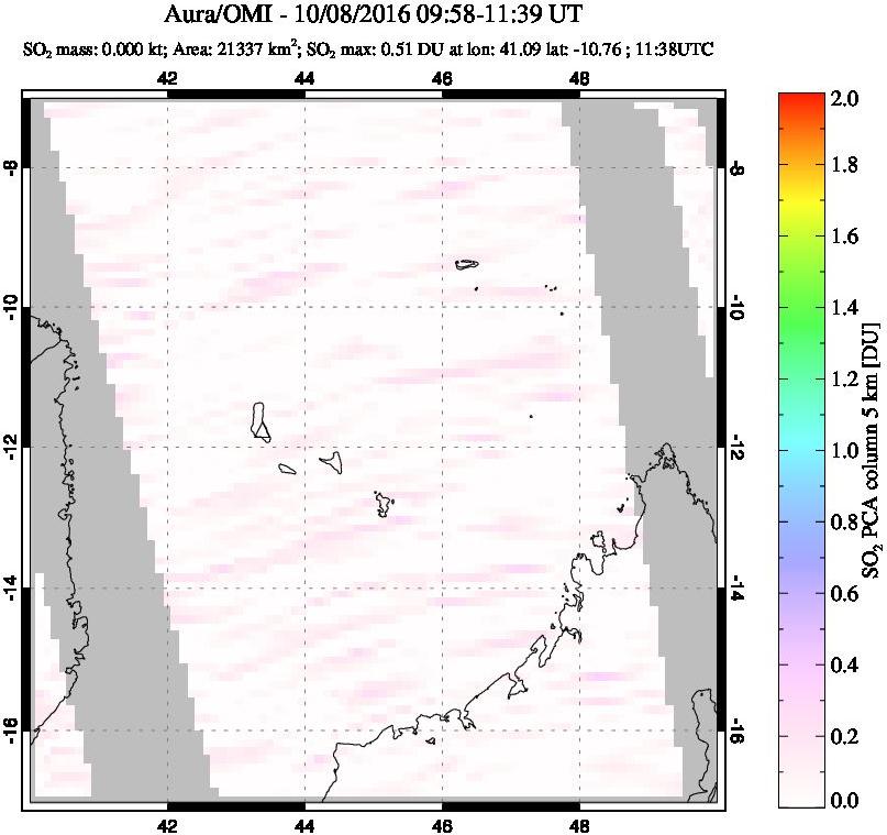 A sulfur dioxide image over Comoro Islands on Oct 08, 2016.