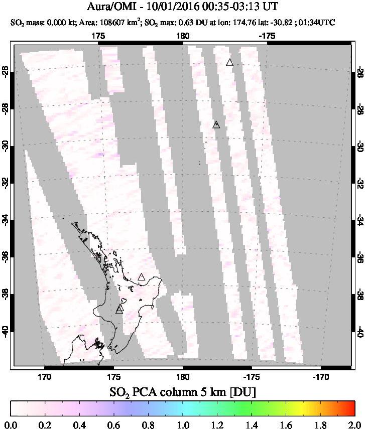 A sulfur dioxide image over New Zealand on Oct 01, 2016.