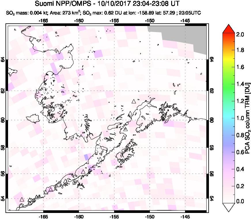 A sulfur dioxide image over Alaska, USA on Oct 10, 2017.
