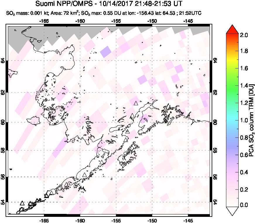 A sulfur dioxide image over Alaska, USA on Oct 14, 2017.