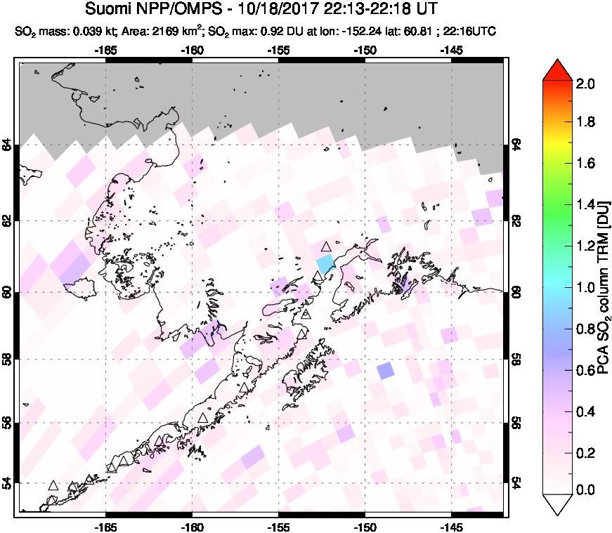A sulfur dioxide image over Alaska, USA on Oct 18, 2017.
