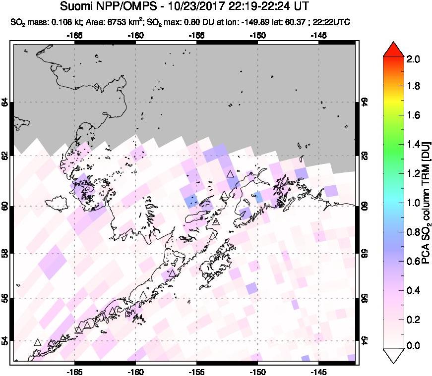 A sulfur dioxide image over Alaska, USA on Oct 23, 2017.