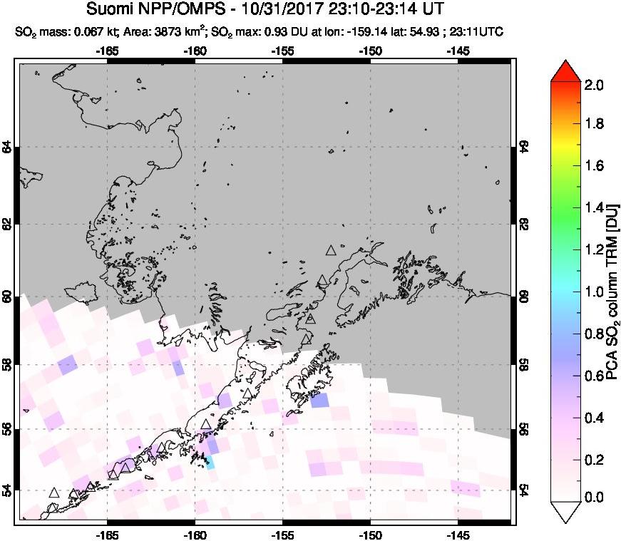 A sulfur dioxide image over Alaska, USA on Oct 31, 2017.