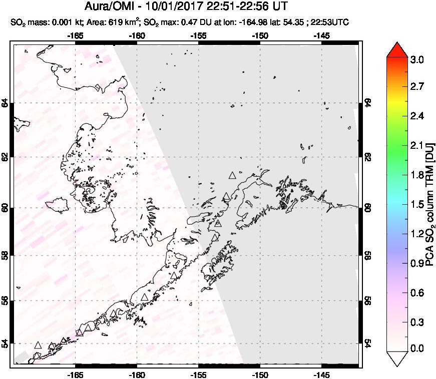A sulfur dioxide image over Alaska, USA on Oct 01, 2017.