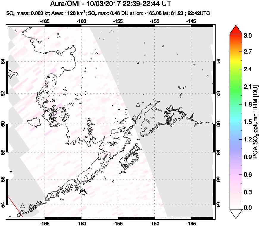 A sulfur dioxide image over Alaska, USA on Oct 03, 2017.