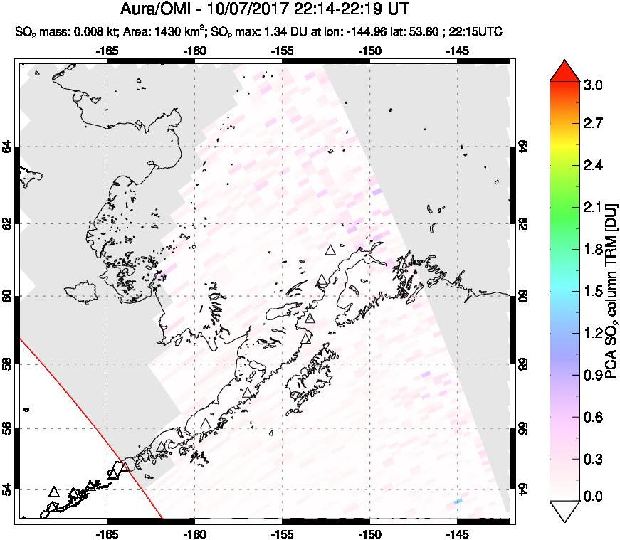 A sulfur dioxide image over Alaska, USA on Oct 07, 2017.