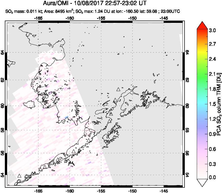 A sulfur dioxide image over Alaska, USA on Oct 08, 2017.