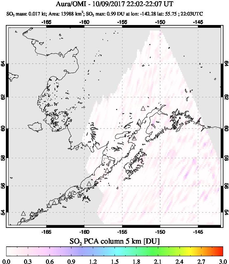 A sulfur dioxide image over Alaska, USA on Oct 09, 2017.