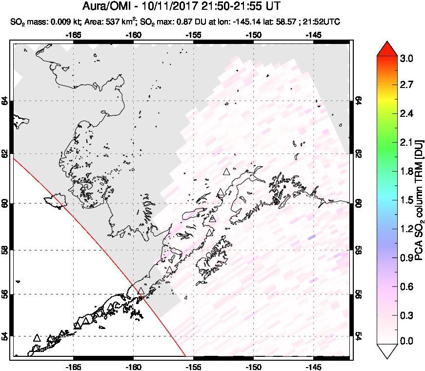 A sulfur dioxide image over Alaska, USA on Oct 11, 2017.