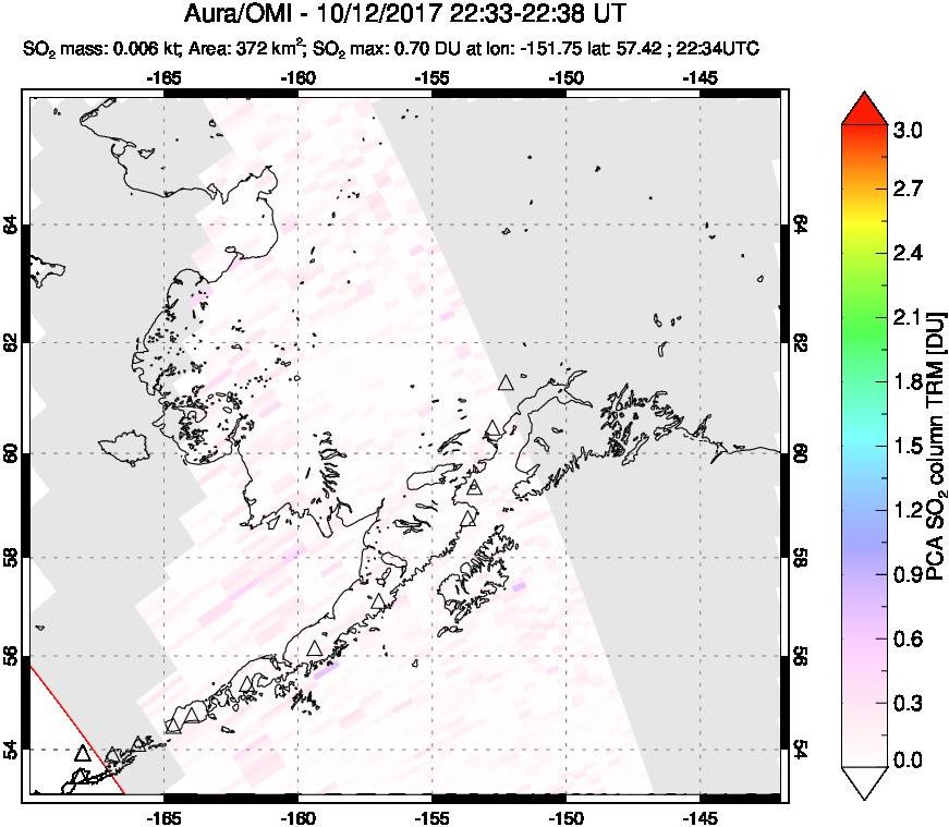 A sulfur dioxide image over Alaska, USA on Oct 12, 2017.